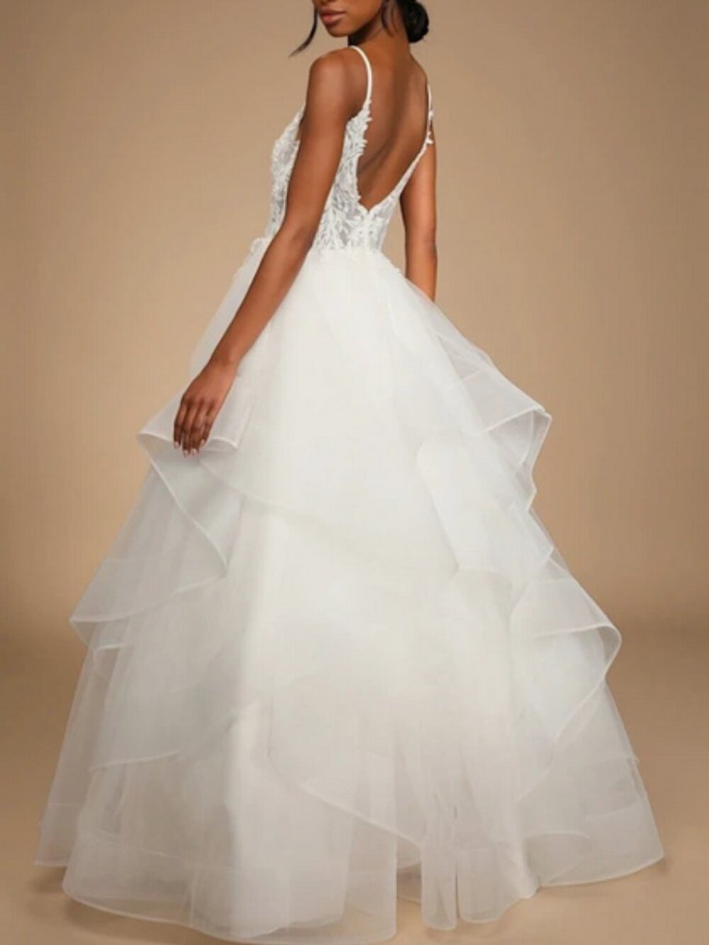 Lulu's White Lace Bodice Organza Ball Gown Wedding Dress - Picture 2 of 16